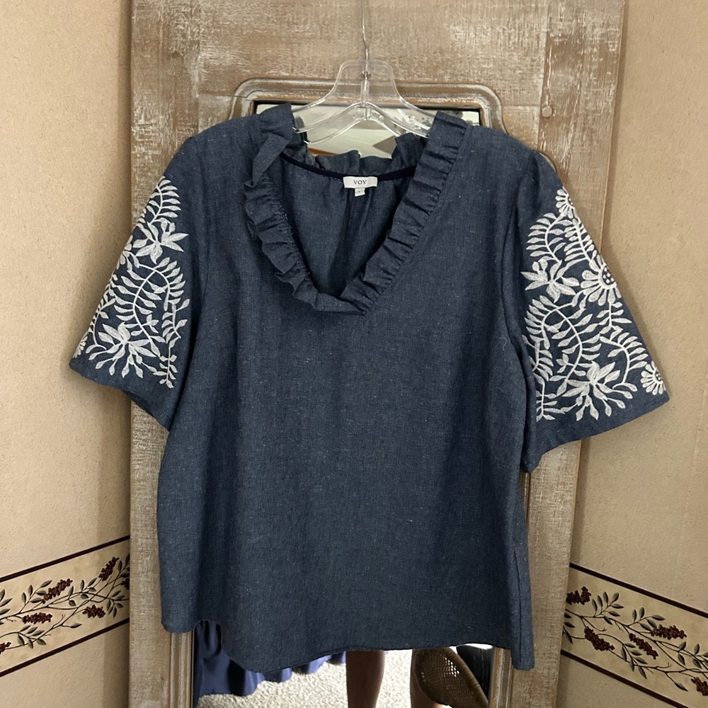 Navy Embroidered Ruffle V-Neck Top